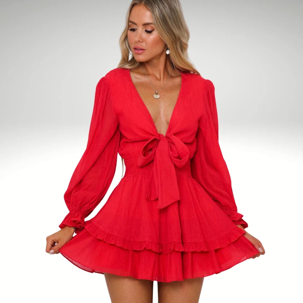 Hello Molly Red Tie Front Long Sleeve Ruffle Mini Dress NWT Size S Boho Festival